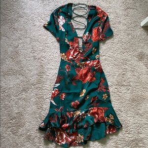 Pretty Little Thing green floral dress.